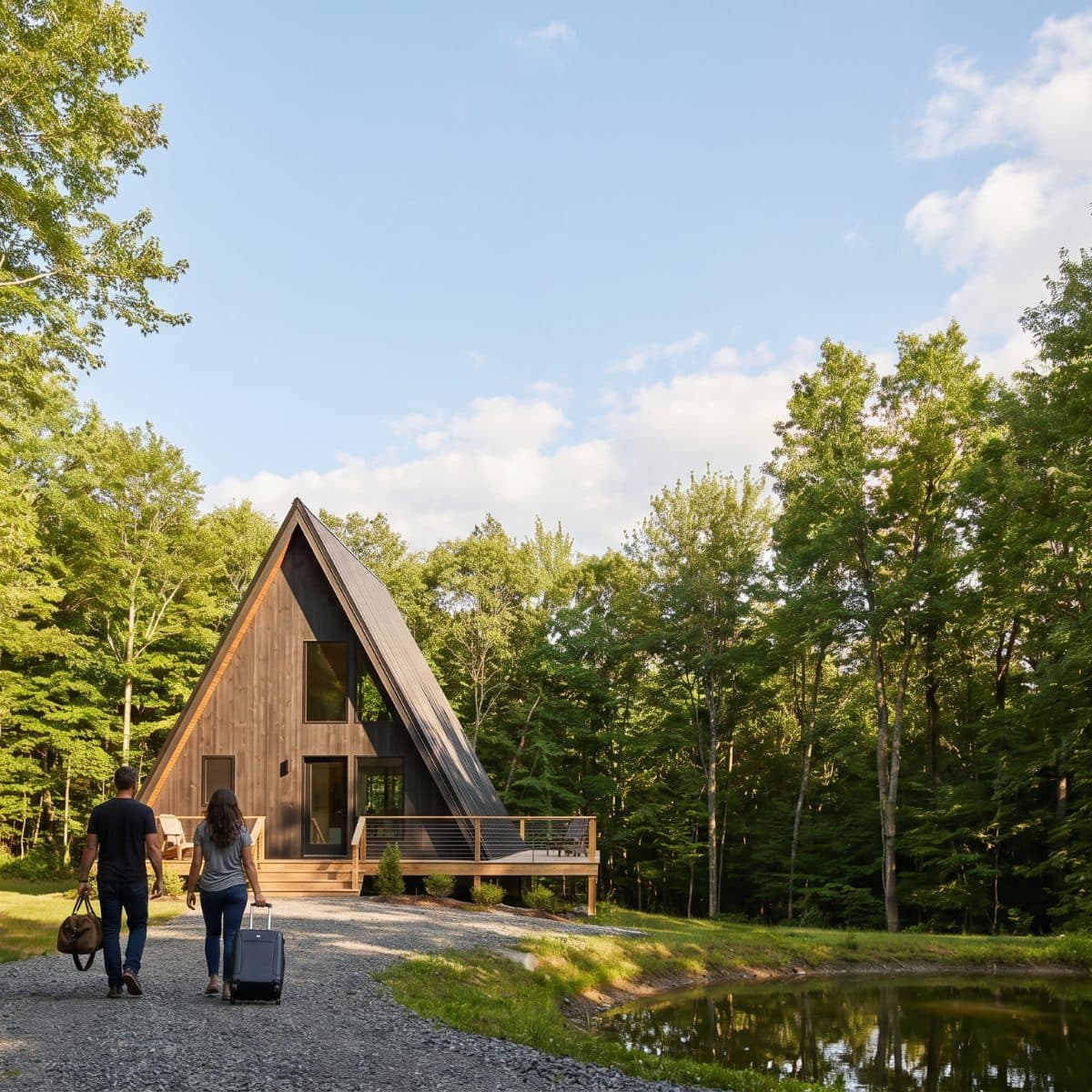 A couple arriving at a Catskills A-frame rental on a summer evening