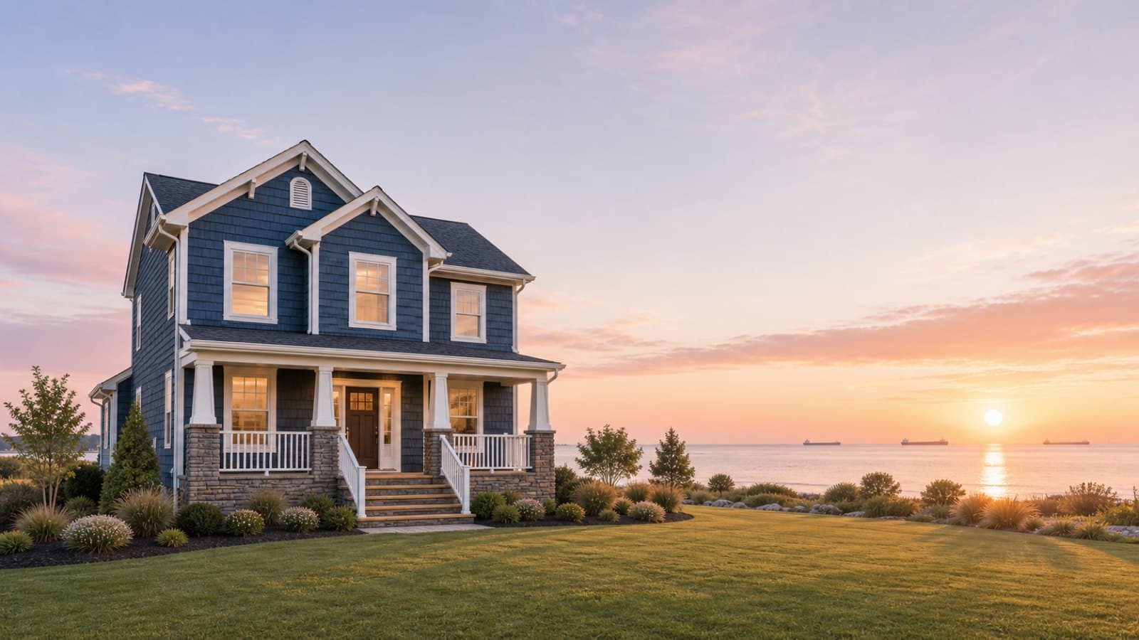 A navy shingled Cape Charles coastal home with a covered porch above the Chesapeake Bay at sunset