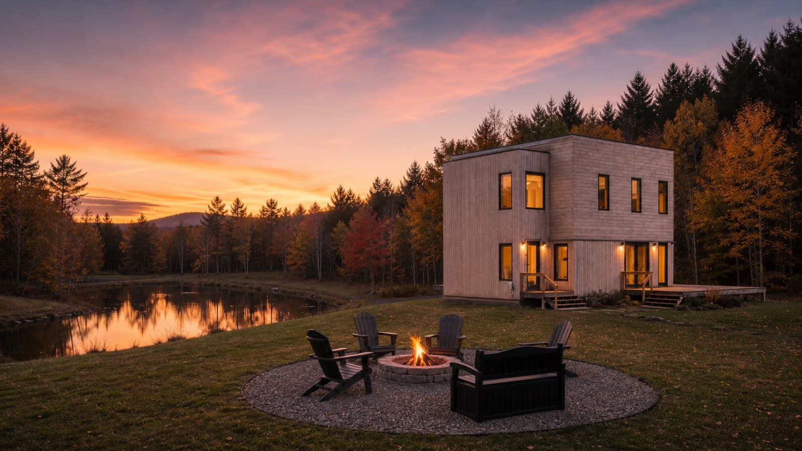A modern Catskills cabin at sunset with a fire pit beside a pond in autumn
