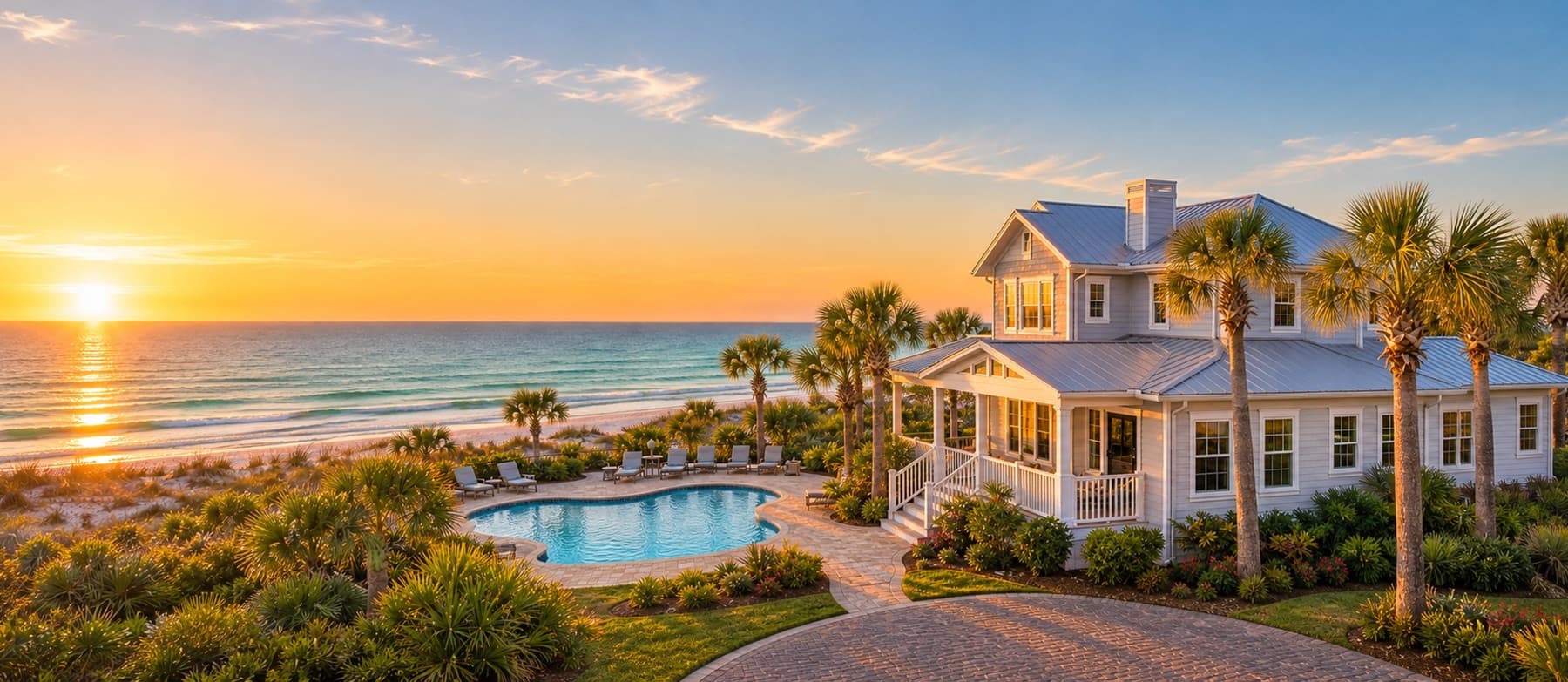 A white Emerald Coast beach home with a pool and palms above the Gulf at sunset in Destin & 30A