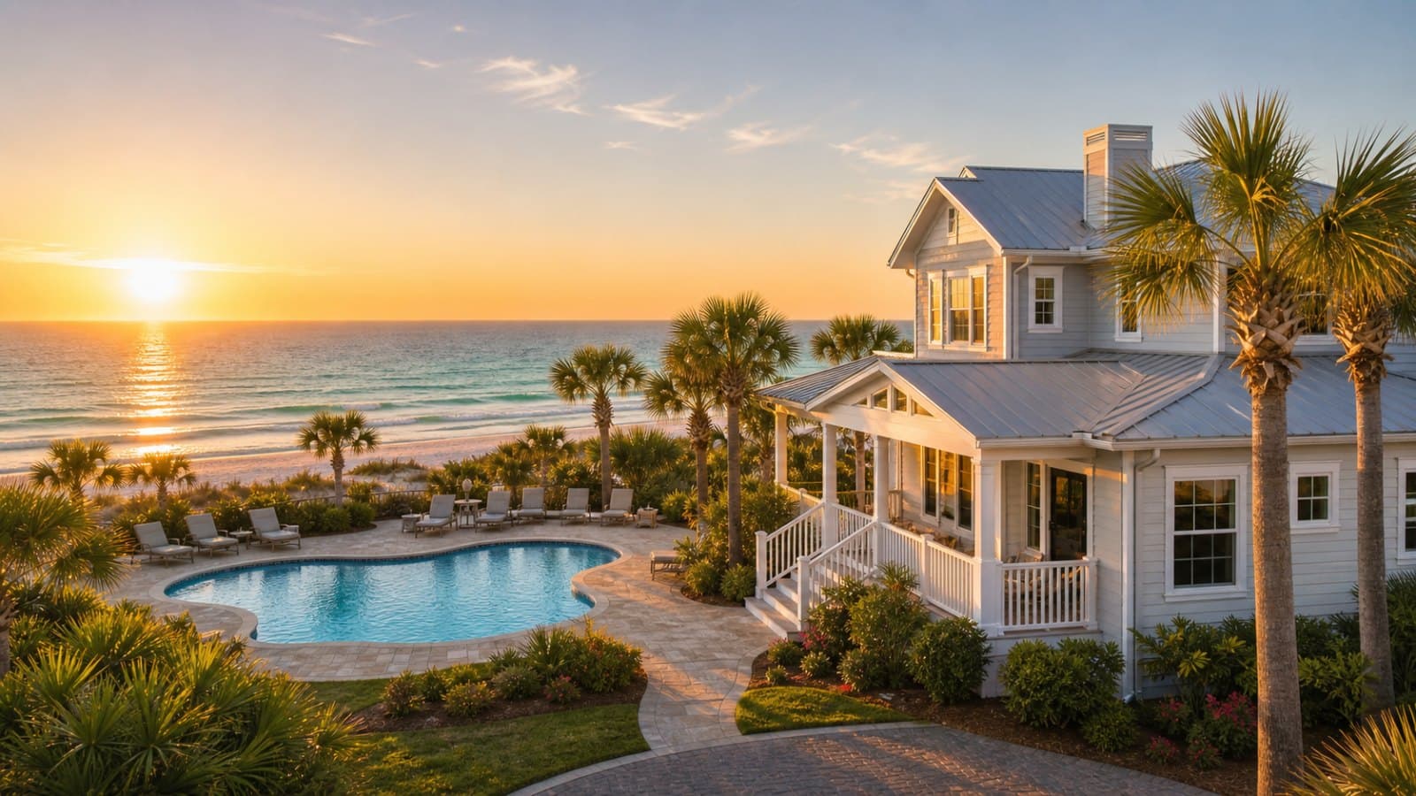 A white Emerald Coast beach home with a pool and palms above the Gulf at sunset in Destin and 30A