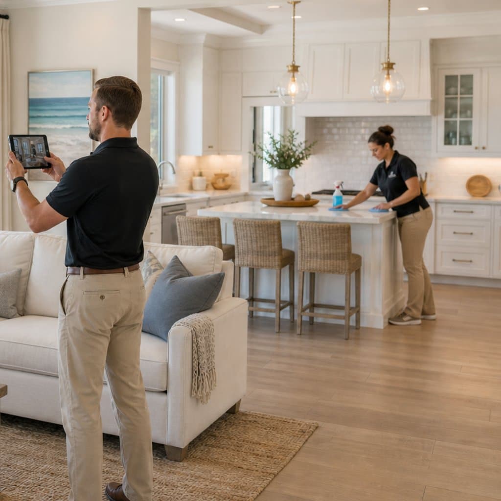 A Portoro team member inspecting a coastal home with a tablet while housekeeping prepares the kitchen