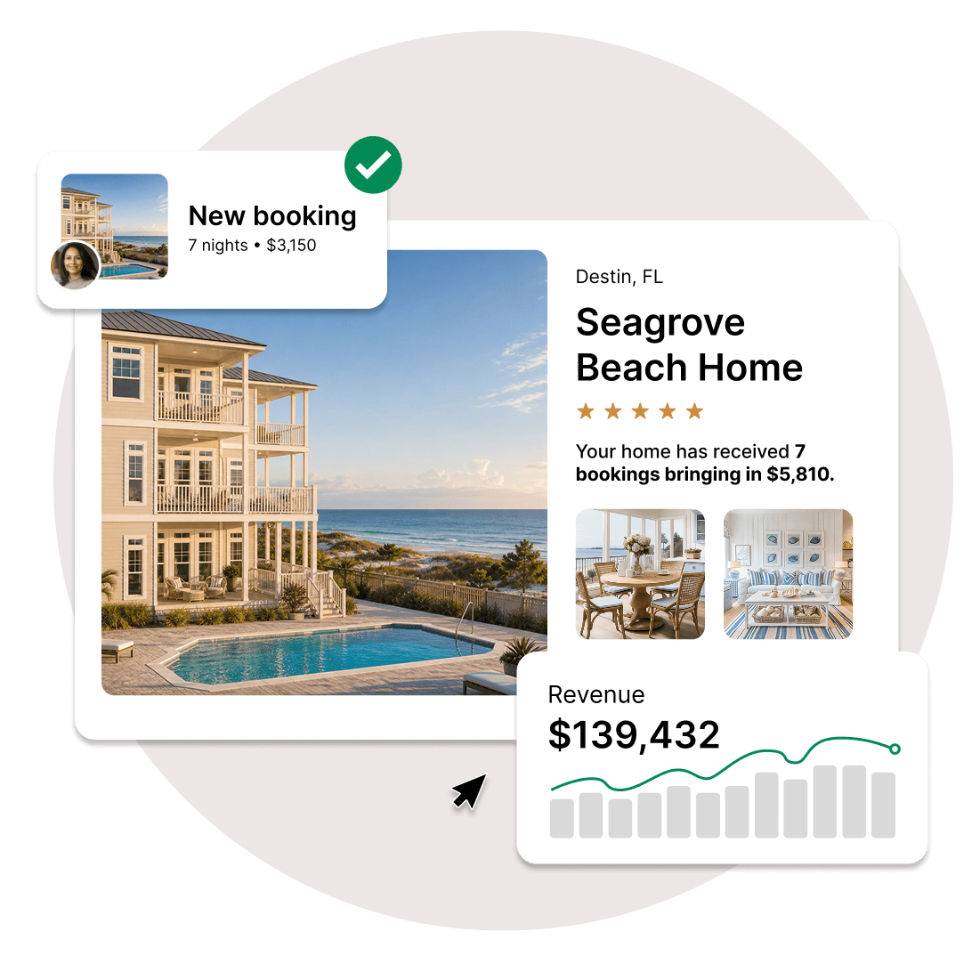 Portoro Owner Portal, Seagrove Beach Home in Destin, FL showing a new booking, revenue, and recent stays