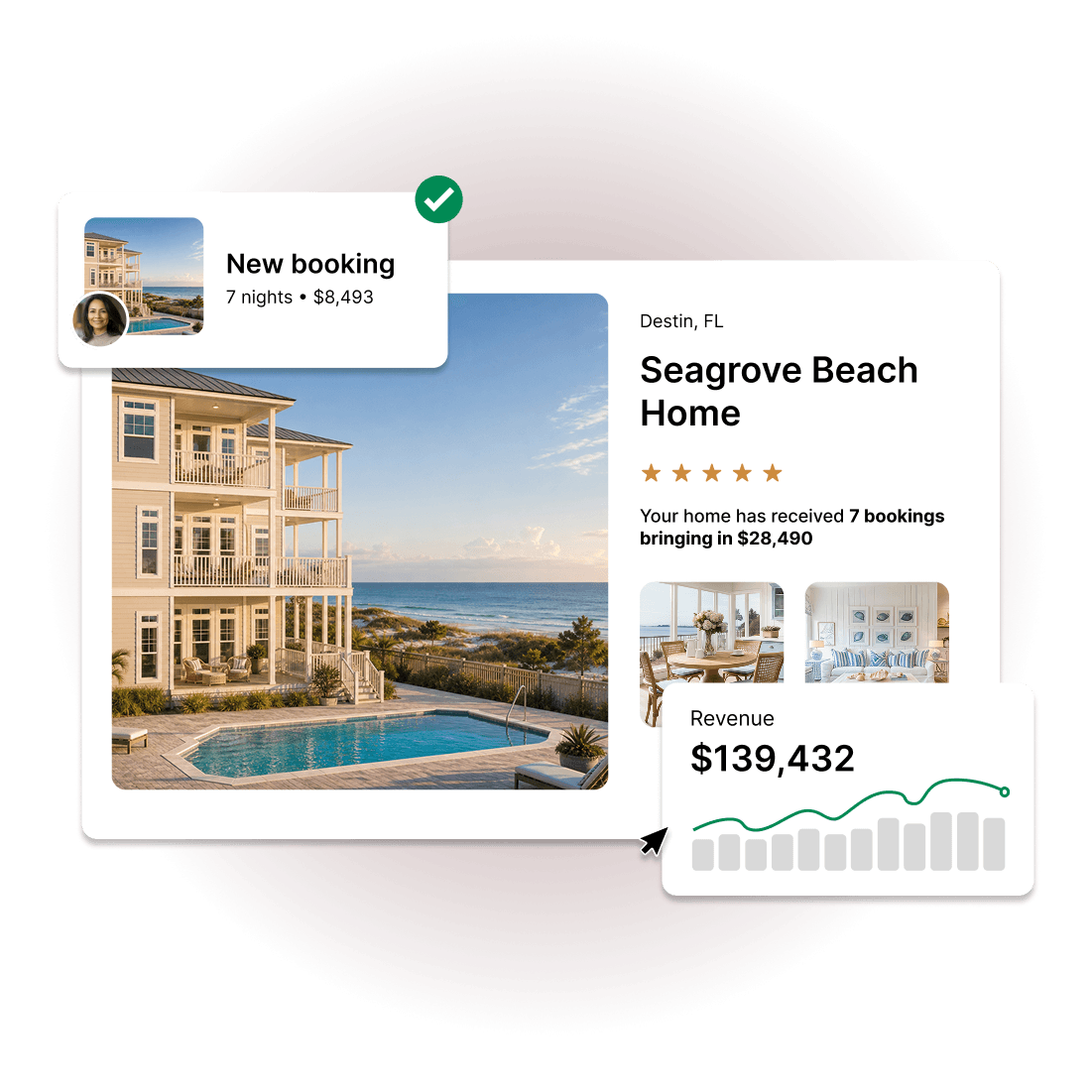 Portoro Owner Portal, Seagrove Beach Home in Destin, FL showing a new booking, revenue, and recent stays