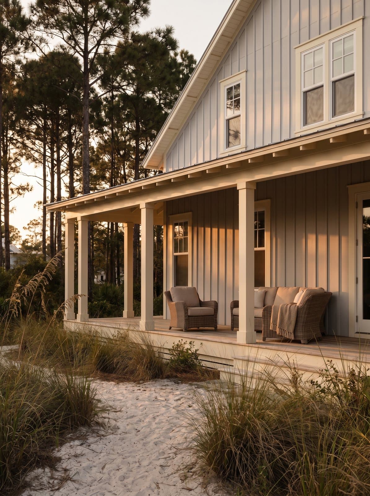 Destin coastal exterior at sunset