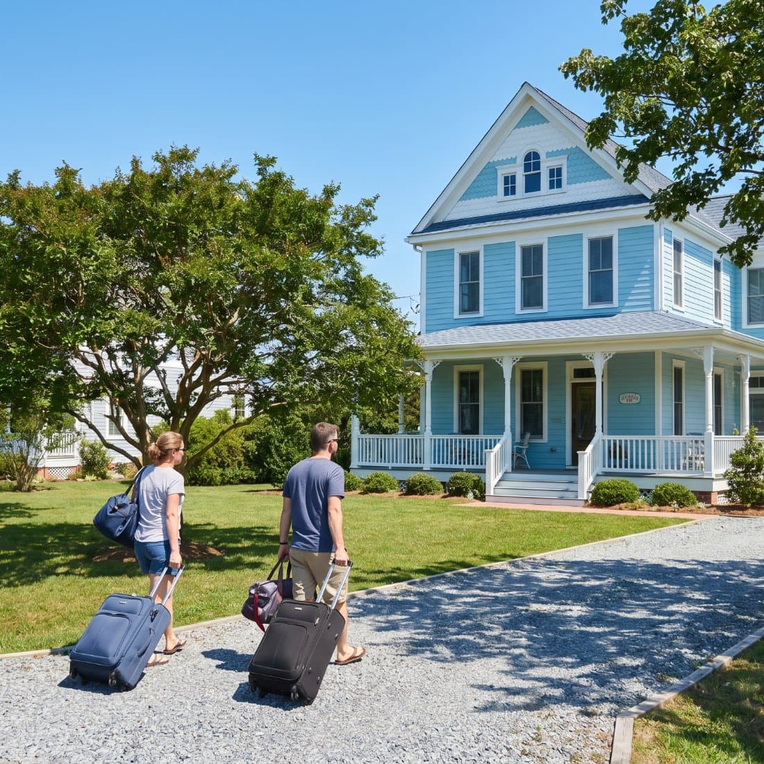 A couple arriving with luggage at a light-blue Victorian beach home in Cape Charles, Virginia
