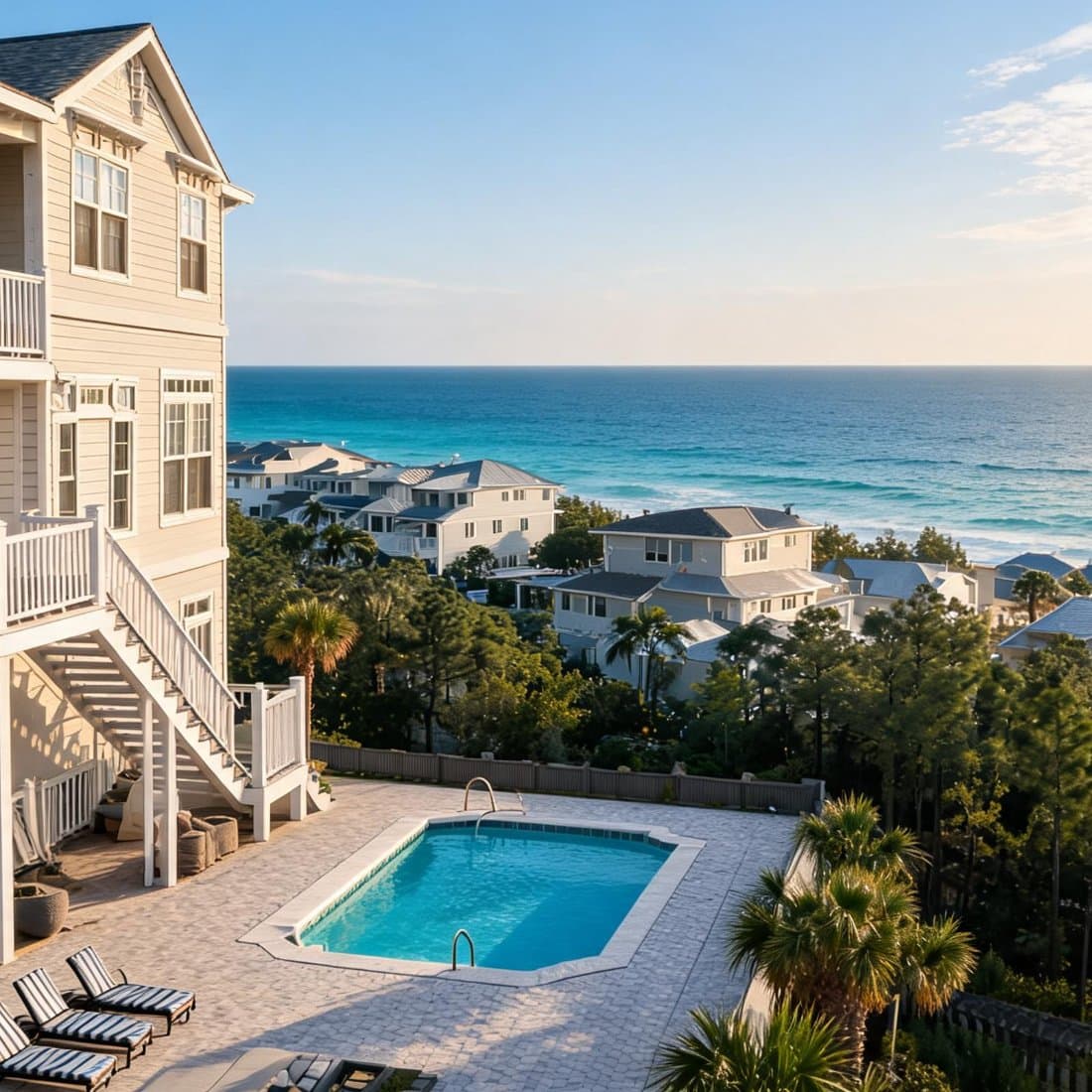A white Emerald Coast beach home with a pool overlooking the Gulf and a 30A community at golden hour