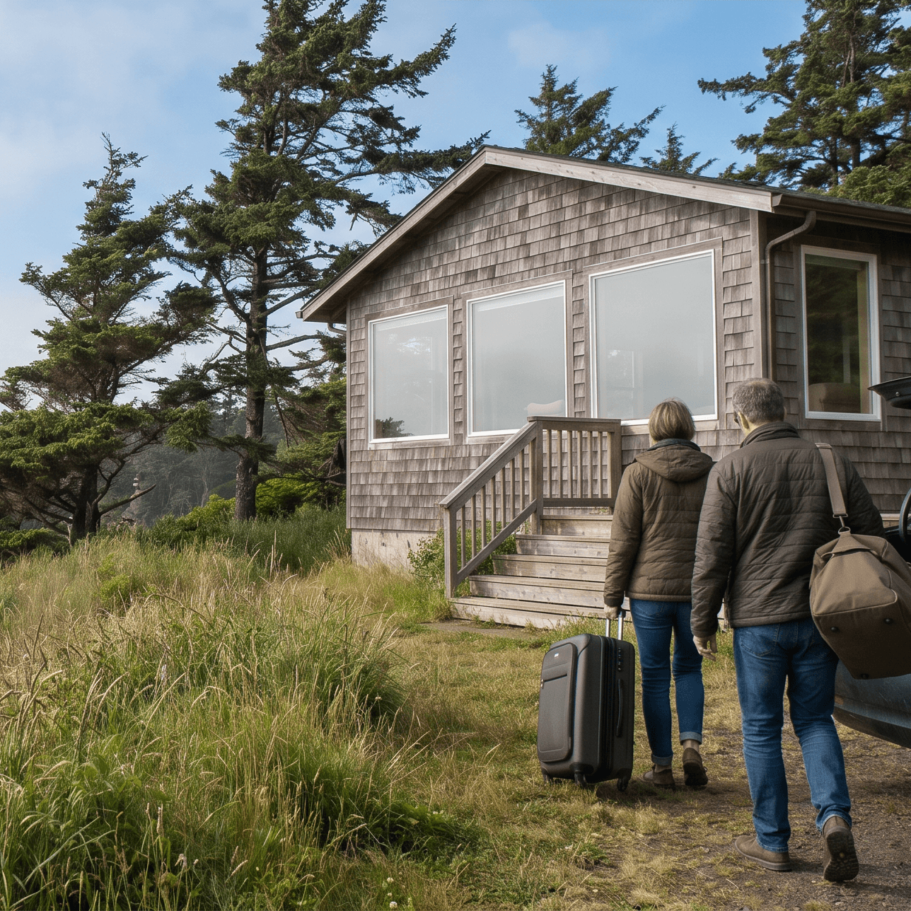 Guests arriving with luggage at a shingled Oregon Coast cabin above the Pacific in summer