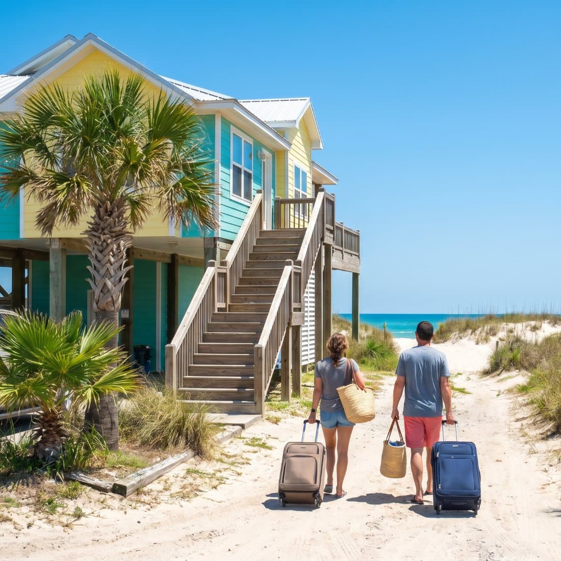 A couple arriving with luggage at colorful stilt beach houses in Port Aransas