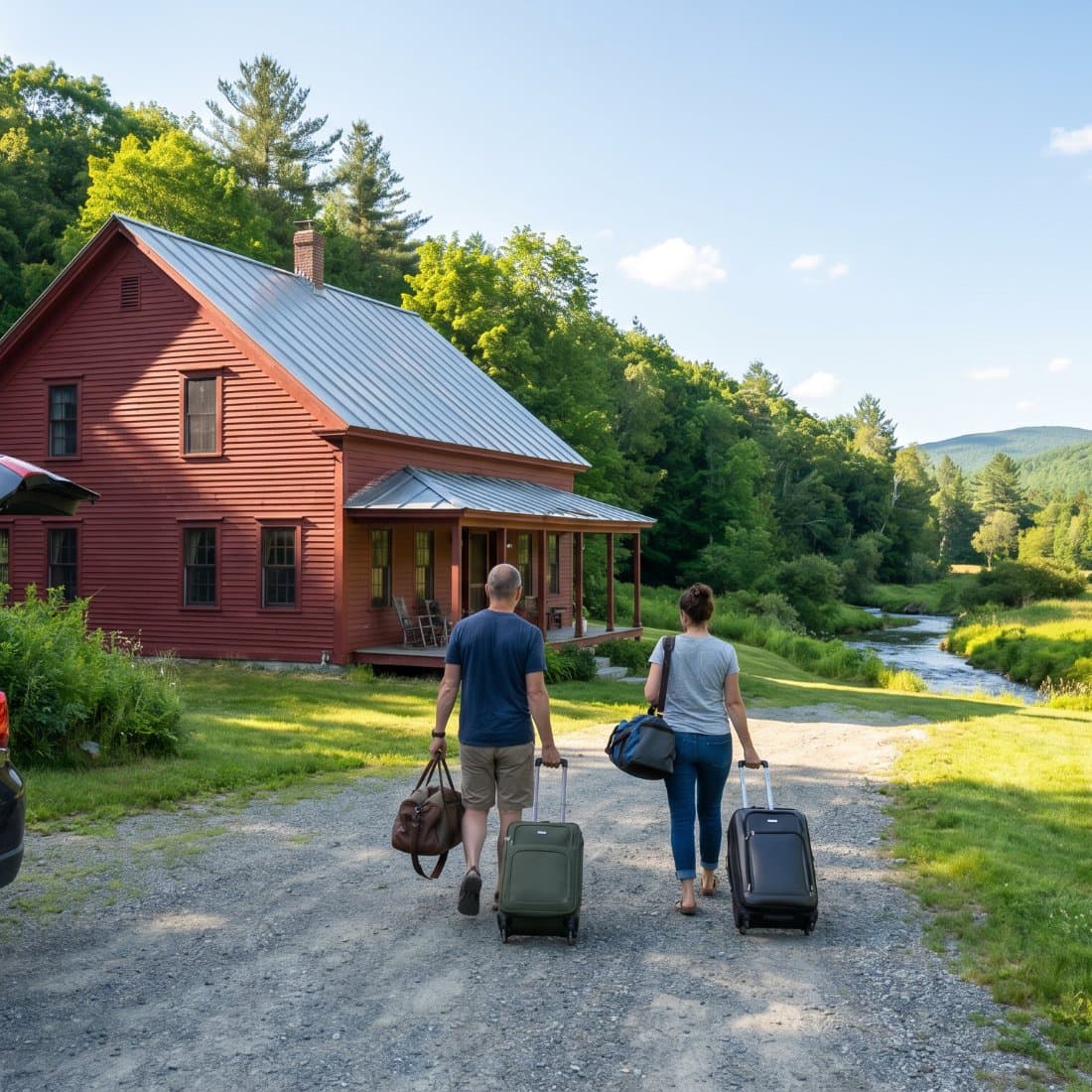 Guests arriving at a classic red Vermont farmhouse in the Quechee valley in summer