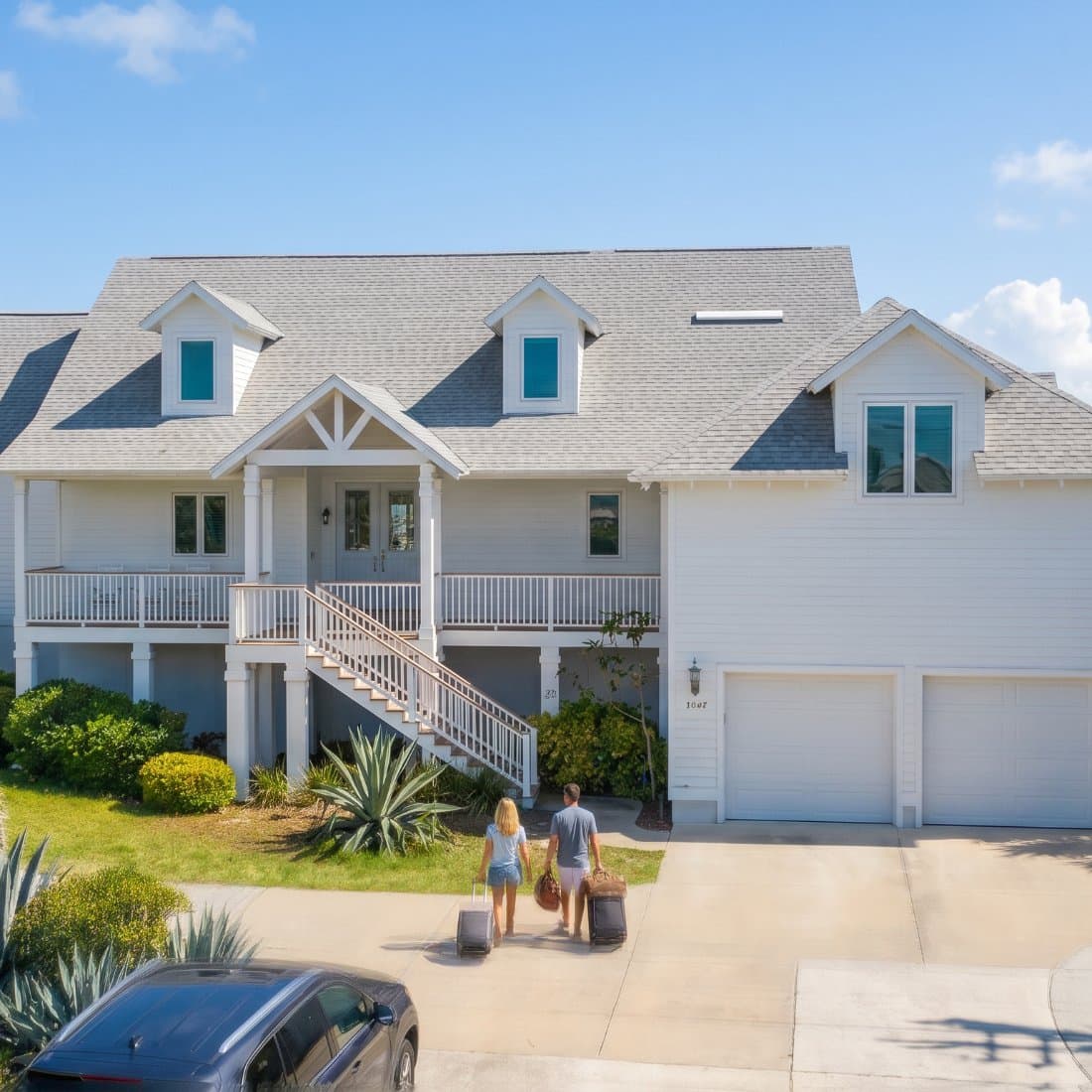 A couple arriving with luggage at a white coastal beach home framed by palms in St. Augustine, Florida