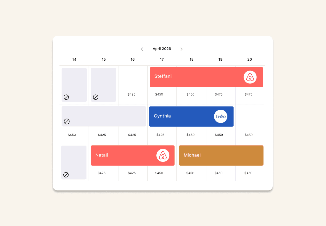 The booking calendar showing booked, owner-stay, blocked, and open nights with nightly rates