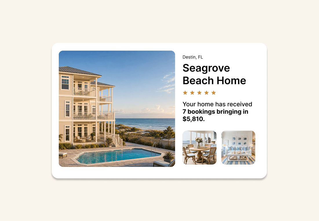 A listing card for a Destin, FL home showing photos, rating, and bookings to date