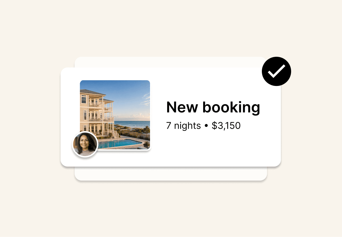 A new booking notification showing the guest, number of nights, and owner revenue