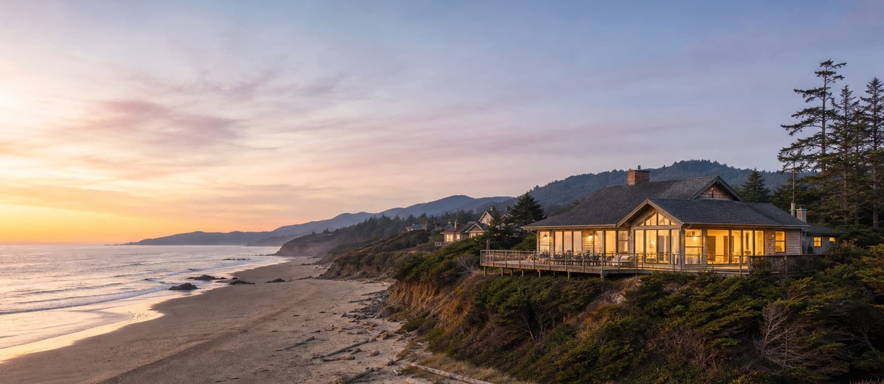 An Oregon Coast home managed by Portoro above the Pacific at dusk