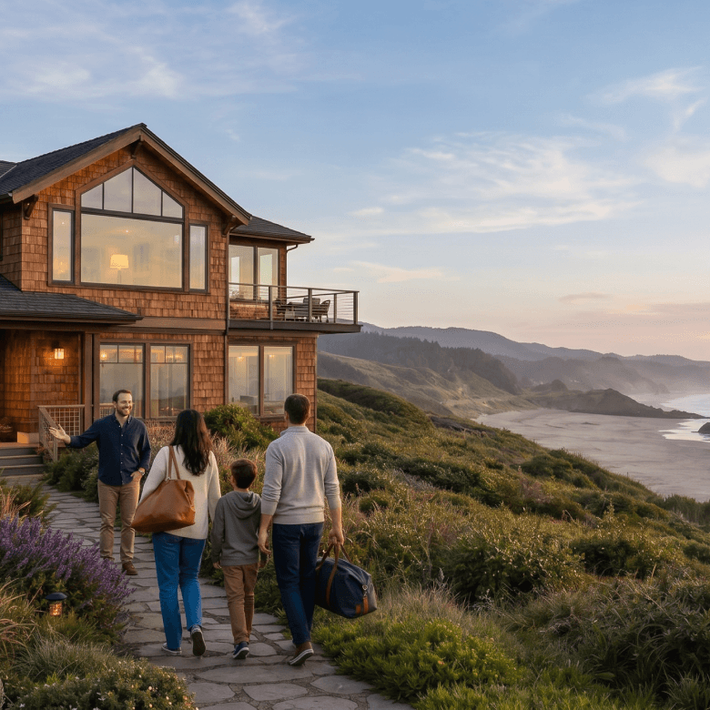 A family arriving at a shingled Oregon Coast home at sunset, the Pacific coastline behind them