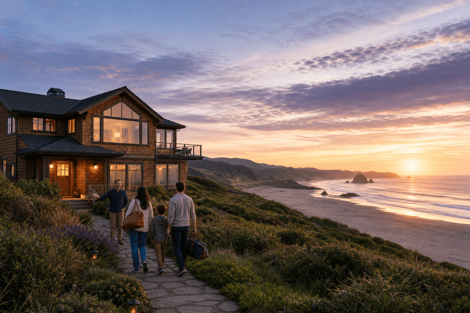 A family arriving at a shingled Oregon Coast home at sunset, the Pacific and Haystack Rock behind them