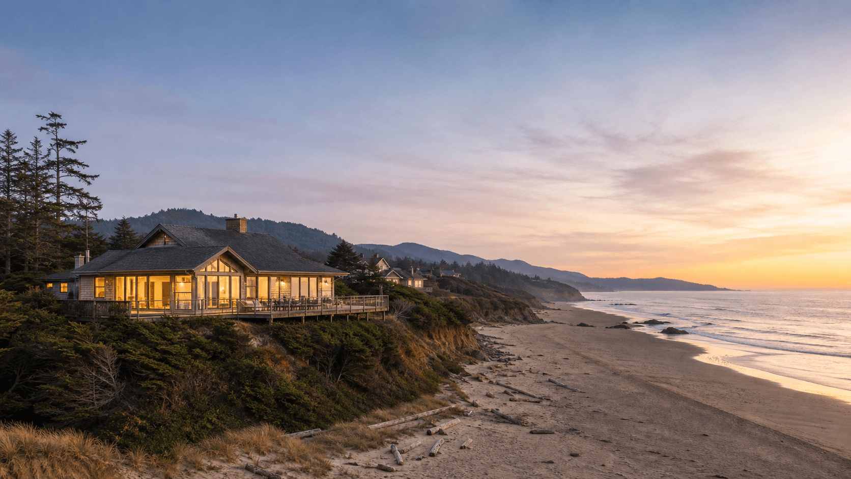 An Oregon Coast home managed by Portoro above the Pacific at dusk