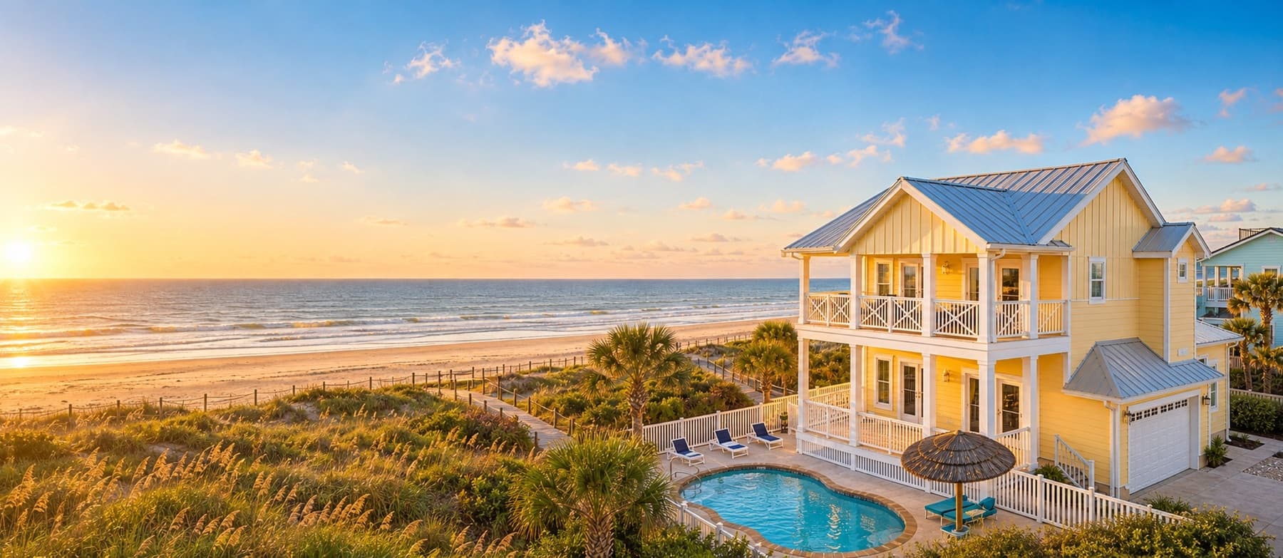 A Port Aransas beach home with a pool above the Gulf shore at sunrise