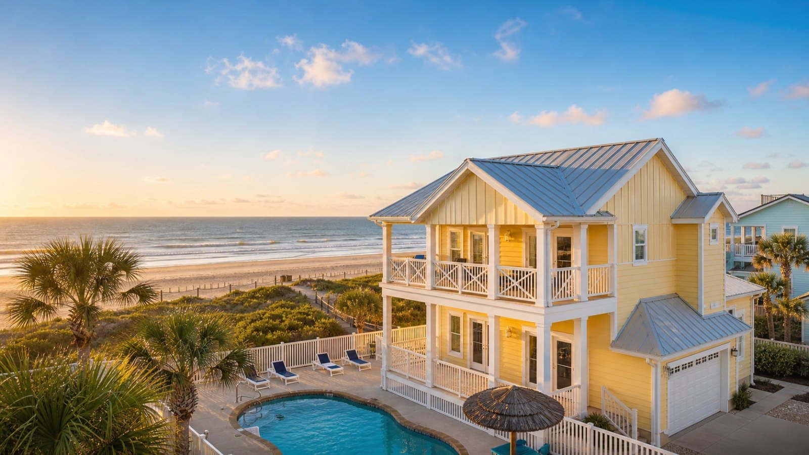 A Port Aransas beach home with a pool above the Gulf shore at sunrise