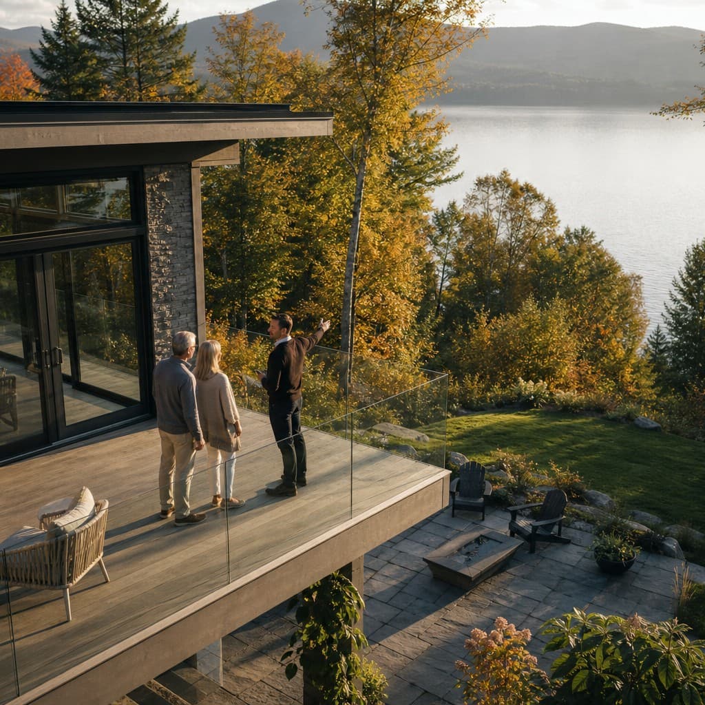 Owners and their local general manager on the deck of a lakeside home at golden hour