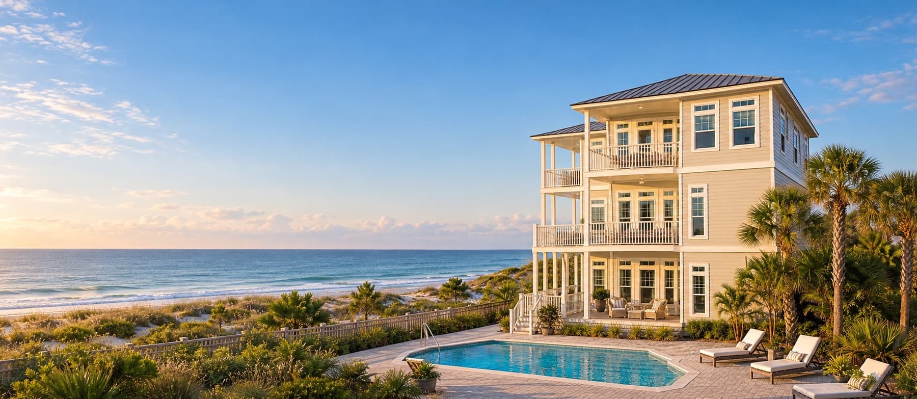 A three-story coastal beach home with a pool and palms above the Atlantic shore in St. Augustine at golden hour