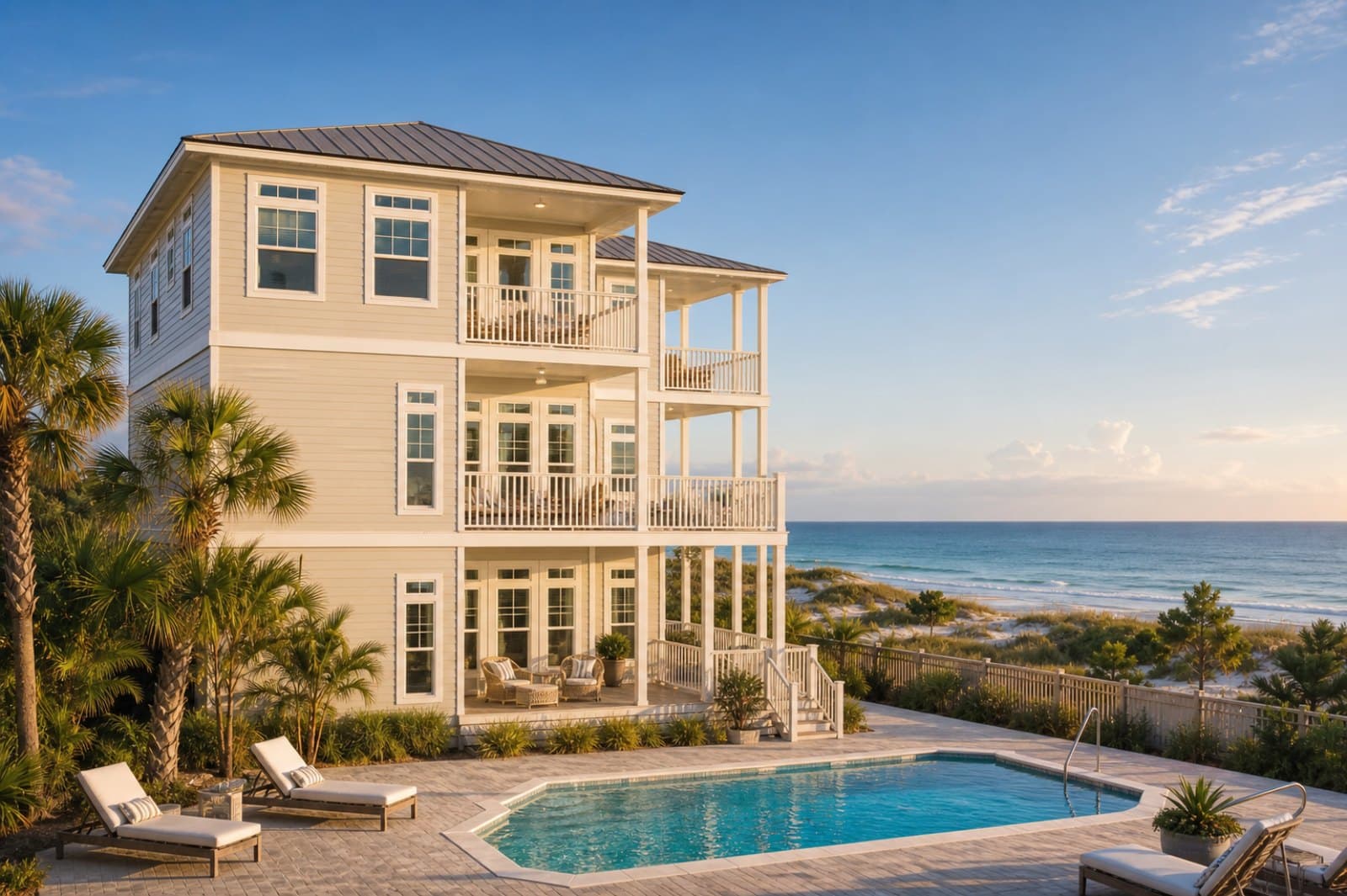 A three-story coastal beach home with a pool and palms above the Atlantic shore in St. Augustine at golden hour