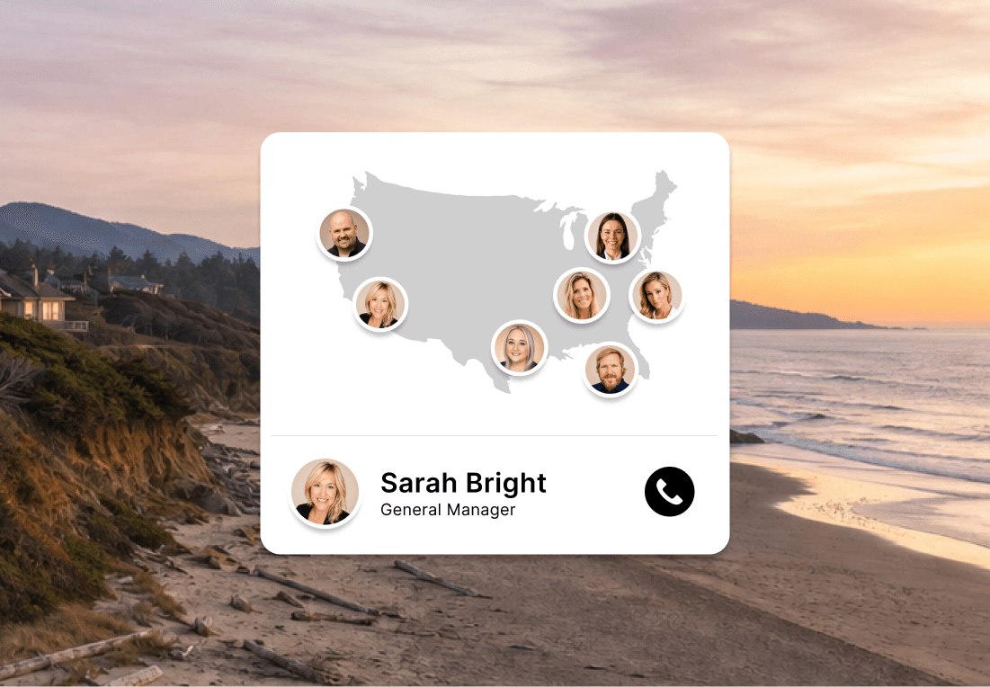 Map of the US with local General Manager portraits, featuring Sarah Bright