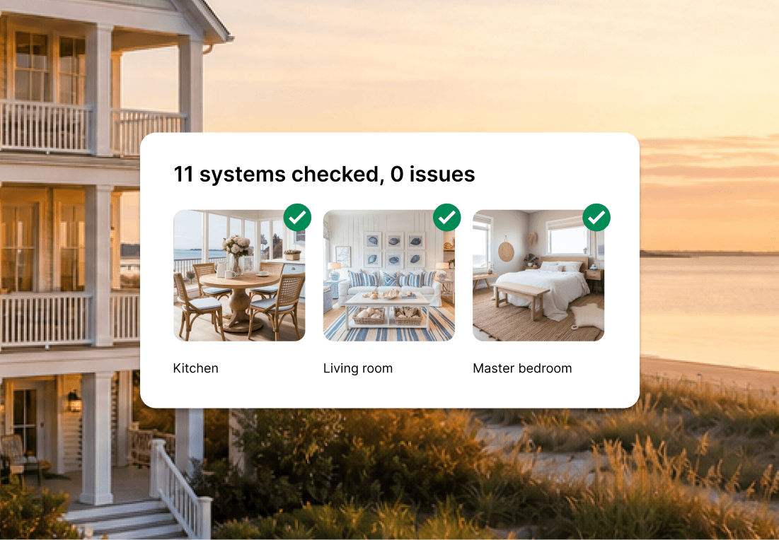 In-app notification showing 11 systems checked, 0 issues, with inspection photos