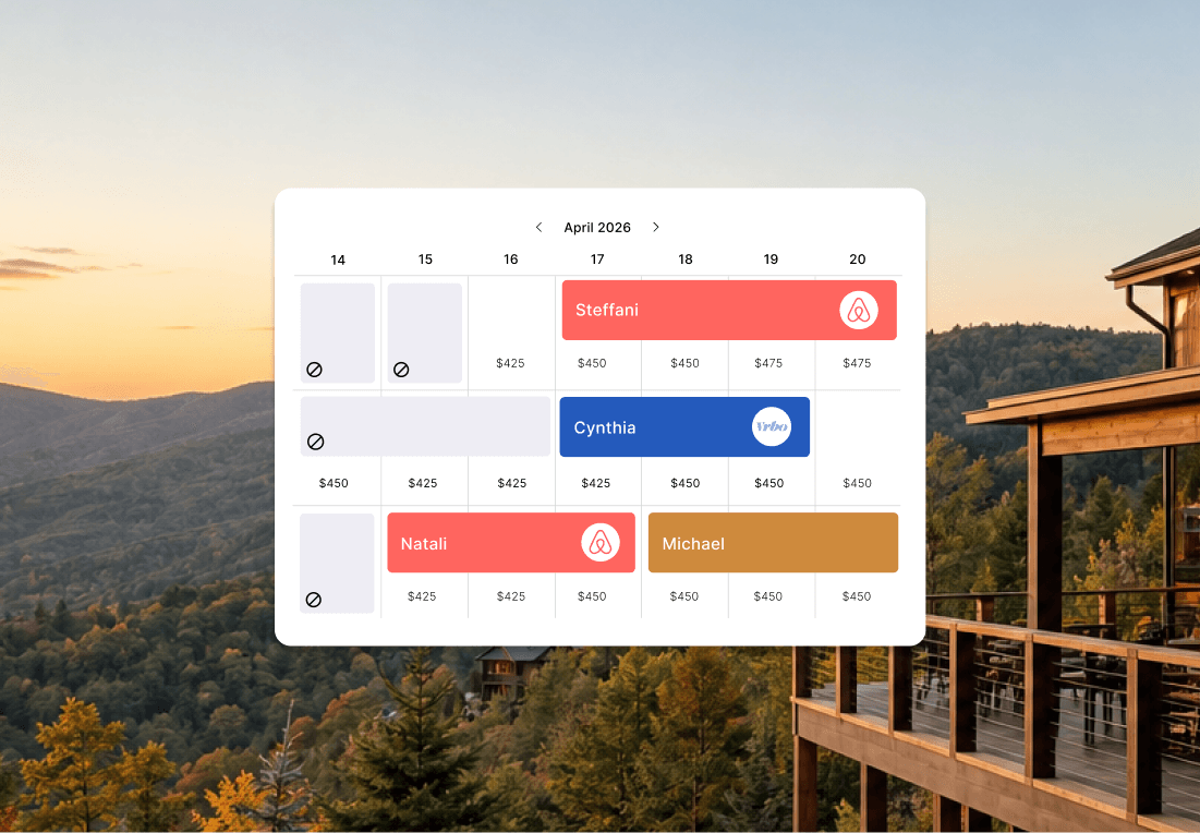 Booking calendar showing reserved nights across Airbnb and Vrbo with nightly rates