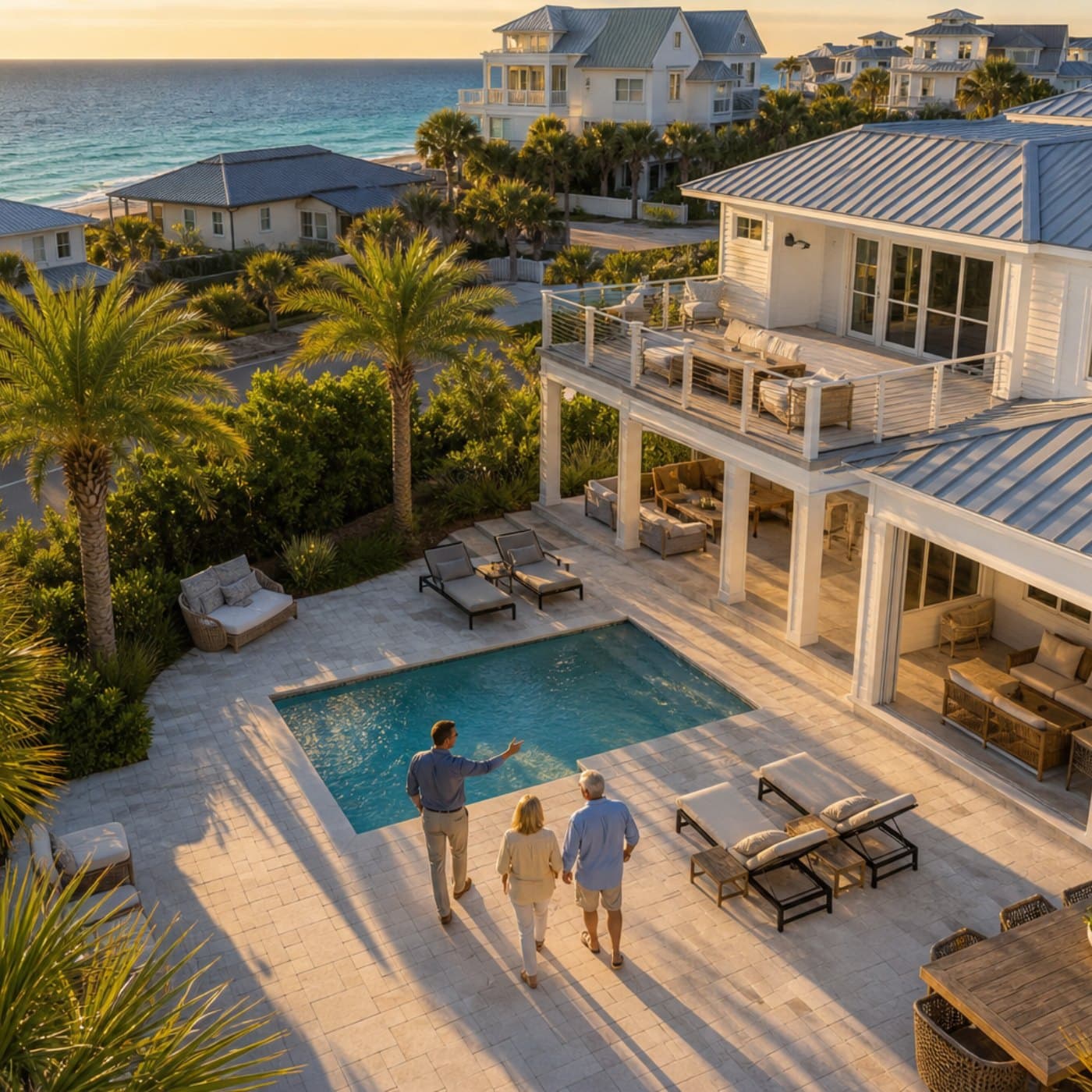 Owners touring a beachfront vacation home with pool at golden hour