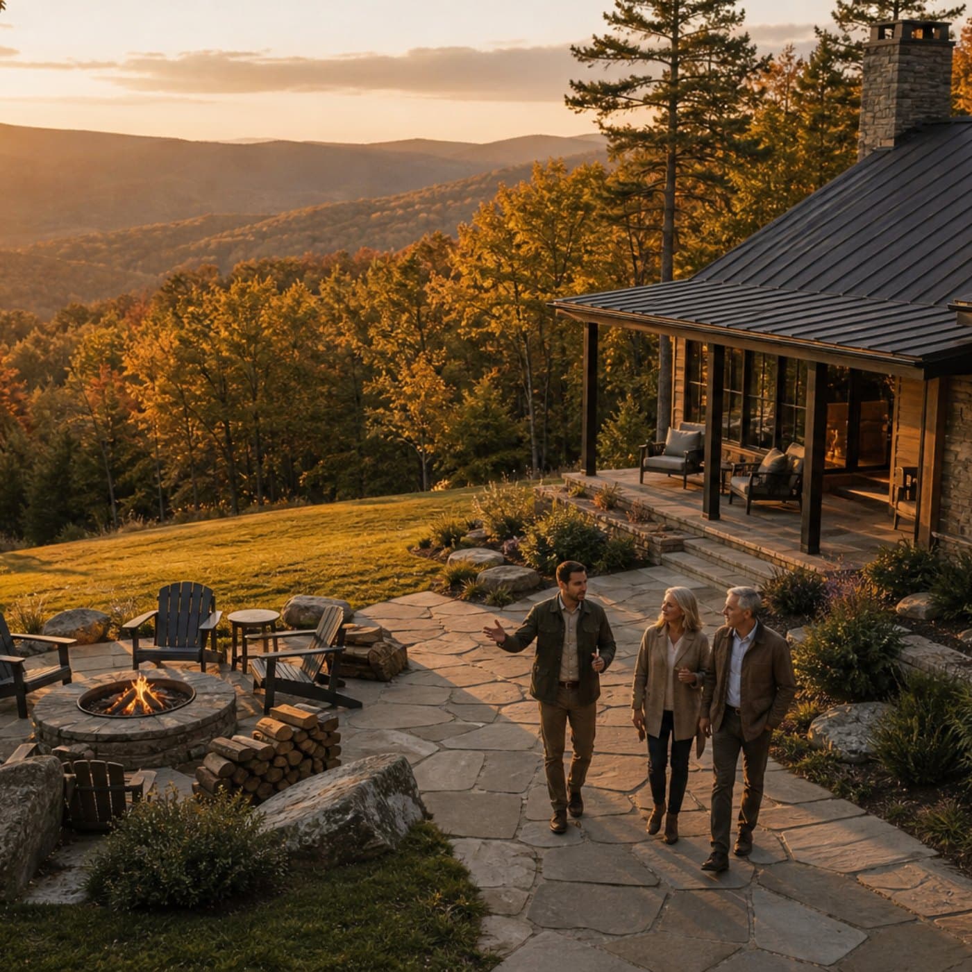 Owners touring a mountain vacation home overlooking autumn hills at sunset