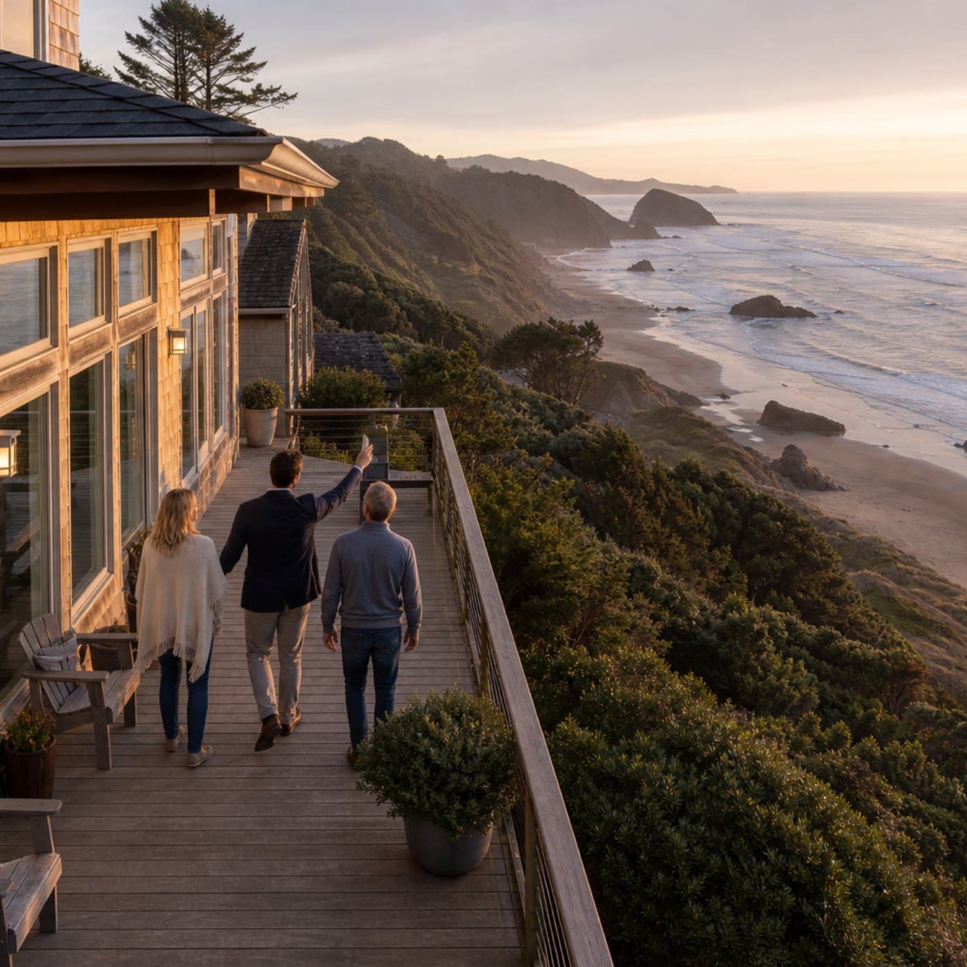 Owners touring a clifftop coastal vacation home at sunset