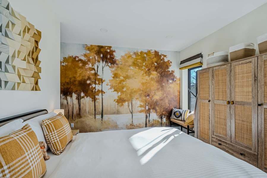 A reset bedroom documented after a guest departure